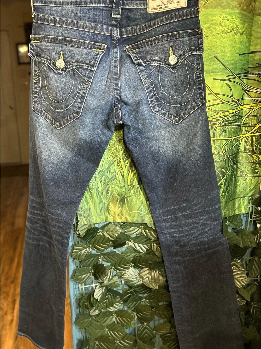 True Religion Indigo Blue Straight Jeans with Yellow Stitching